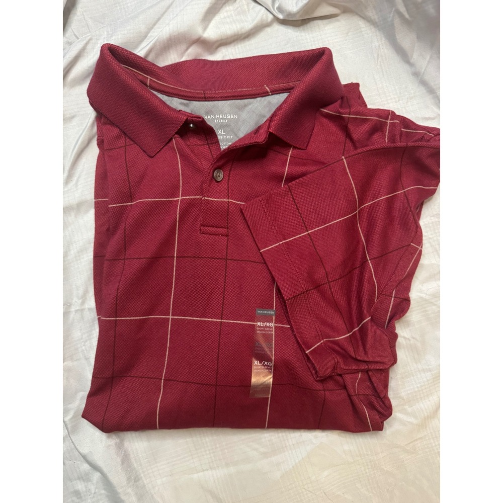 Van Heusen Flex Mens XL Classic Fit Polo Shirt Burgundy Windowpane Plaid Red